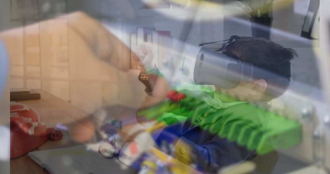 Child Exploring Virtual Reality with Headset Overlaid on Office Desk