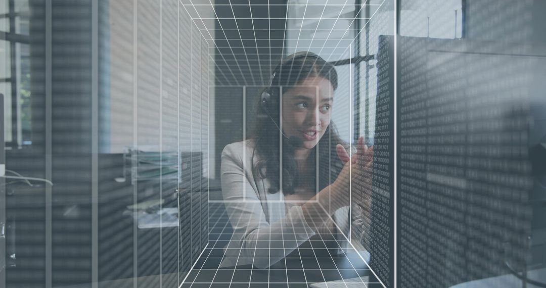 Woman Wearing Headset Gesturing While Presenting Data Inside Digital Wireframe Cube