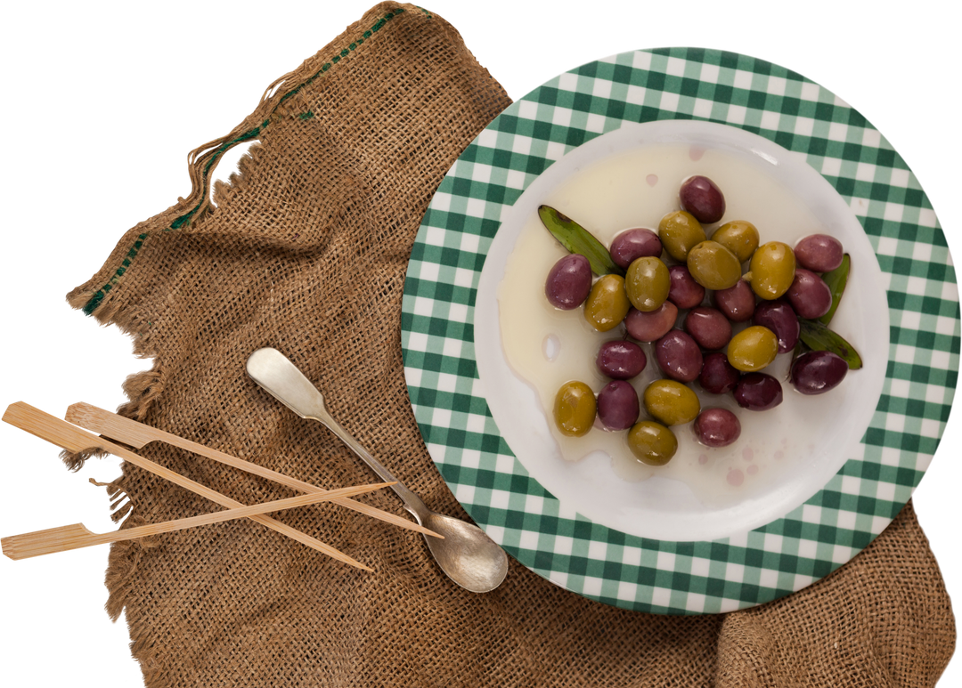 Green and Black Olives in Plate on Textured Burlap with Spoon Offset - Download Free Stock Images Pikwizard.com