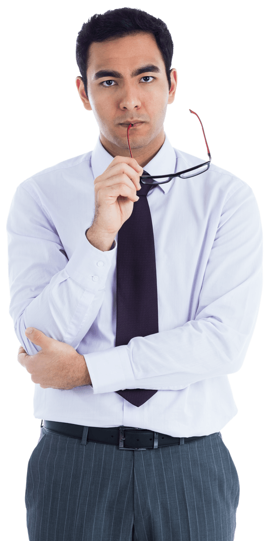 Transparent Image of Serious Biracial Businessman Posing with Glasses