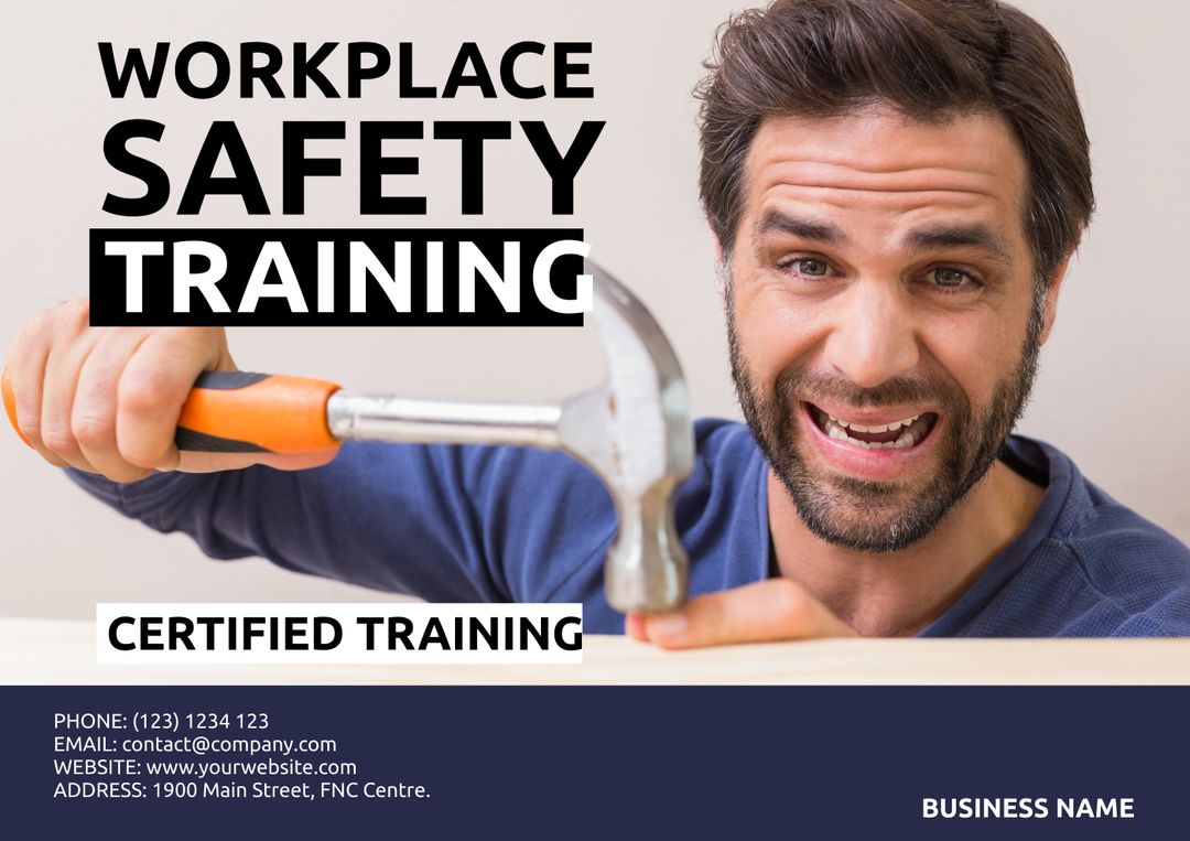 Workplace Safety Training Advertisement with Man Using Hammer