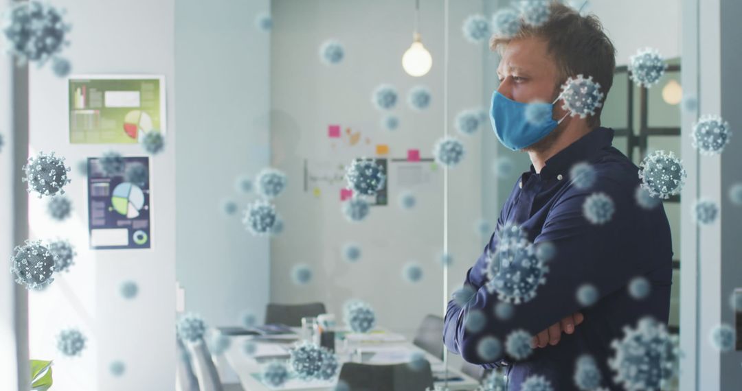 Man in Office Wearing Mask with Visualized Virus Cells