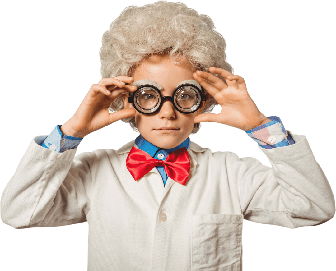 Transparent Child Scientist Wearing Wig and Big Glasses
