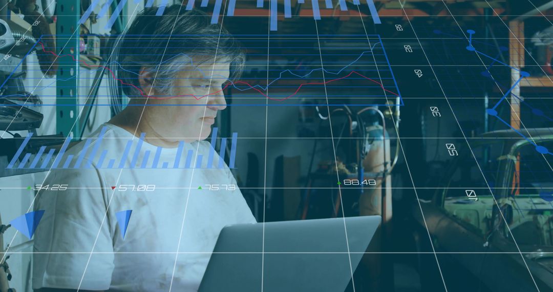 Technician Analyzing Holographic Charts in Tech Workshop