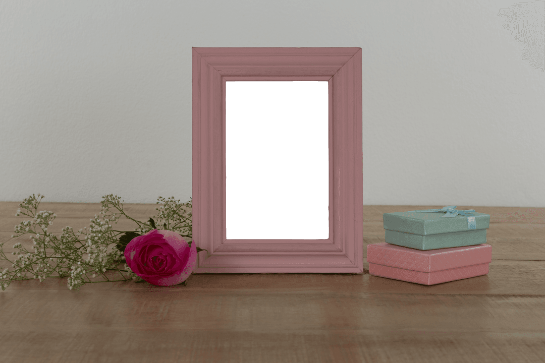 Transparent Photography Frame with Gifts and Fresh Rose on Rustic Wooden Table