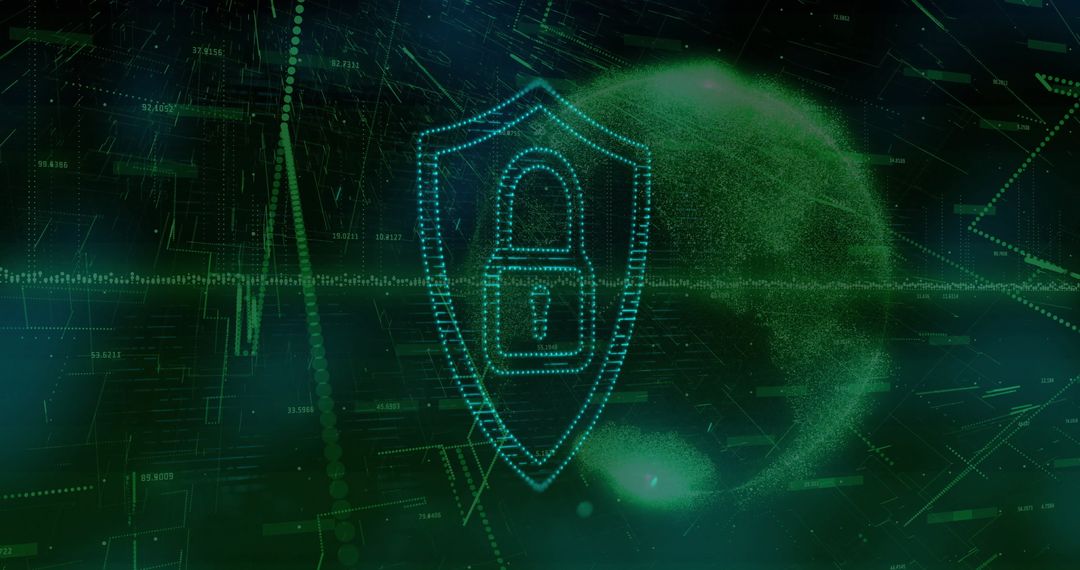 Glowing Shield Icon with Padlock Protecting Data Streams in Cyberspace