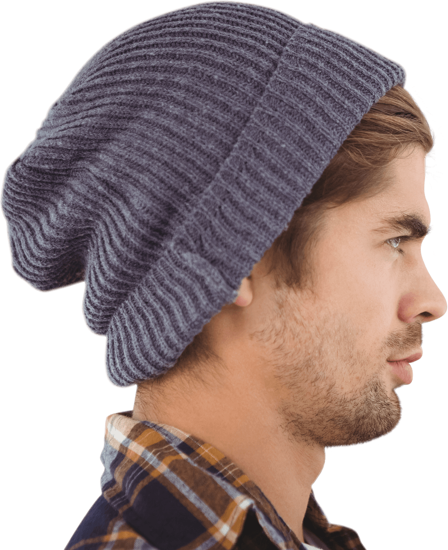 Confident Man Wearing Dark Gray Beanie with Transparent Background