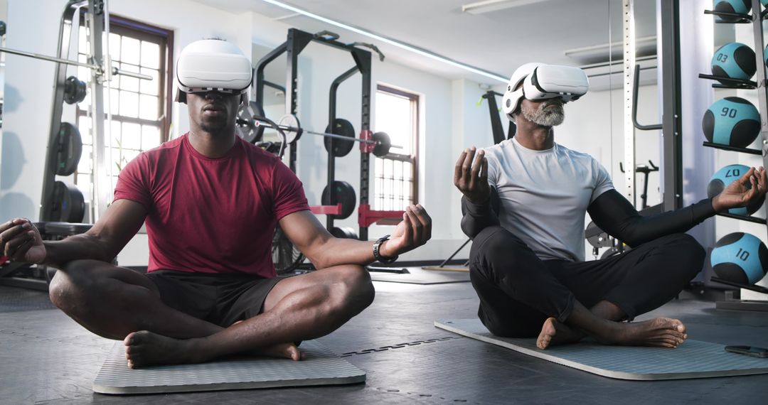 Men Meditating with VR Headsets in Modern Gym