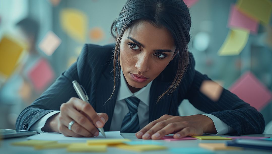 Focused Businesswoman Writing Notes in Office Environment