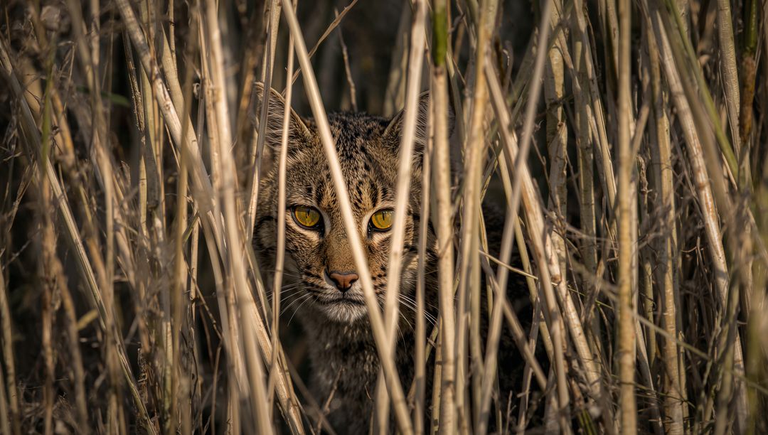 Marsh cat peering through dry reeds with intense golden eyes, camouflage at golden hour