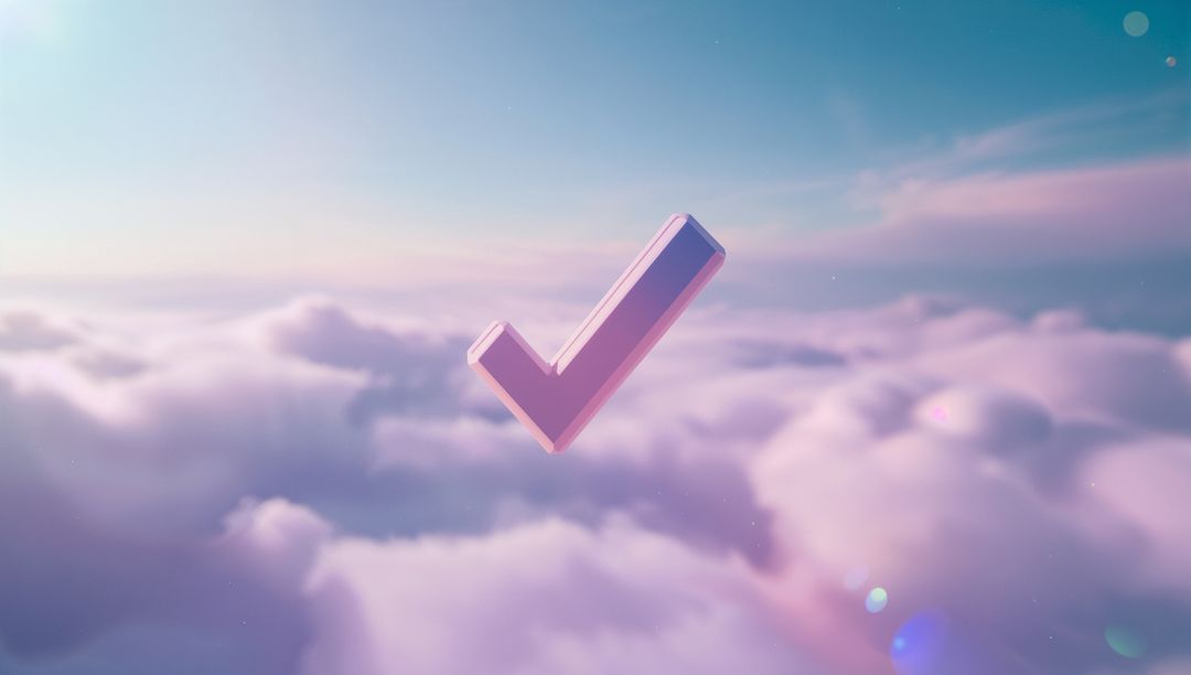 Pink Checkmark Hovering Above Clouds with Surreal Sky