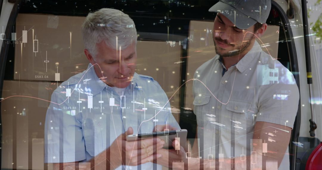 Delivery Workers Studying Financial Data on Digital Tablet