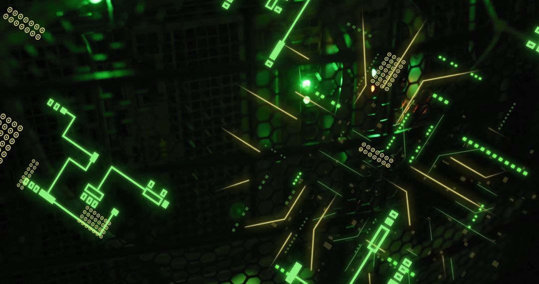 Digital Circuit Board with Green LED Lights on Server