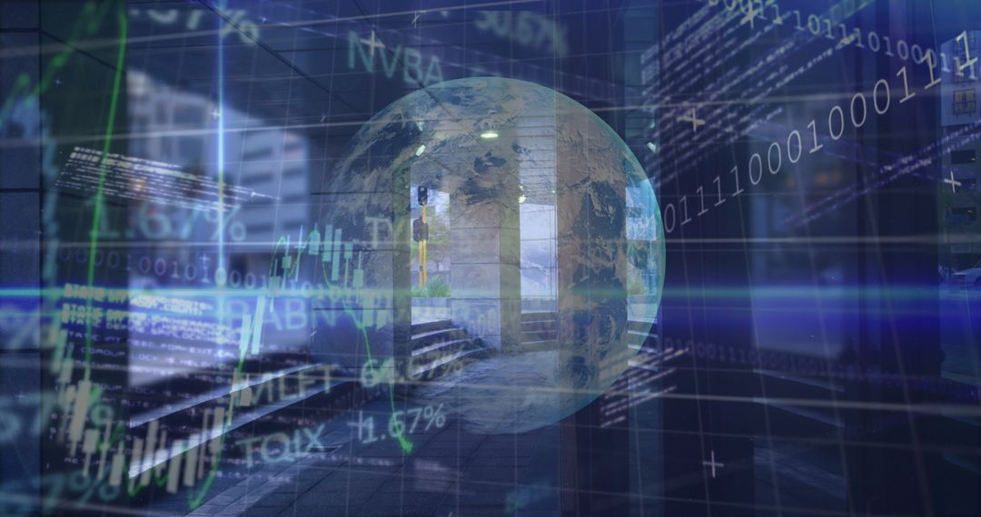 Digital Globe with Data Streams over Urban Landscape