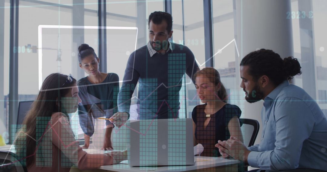 Business Team Analyzing Data with Virtual Graphs in Modern Office