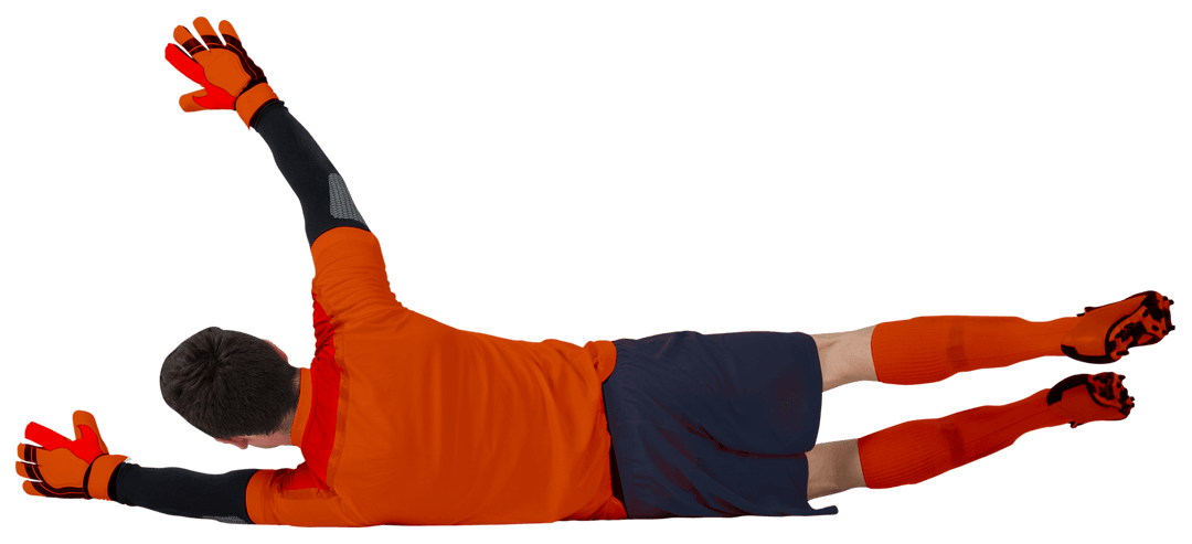 Caucasian Male Goalkeeper Jumping to Save on Transparent Background