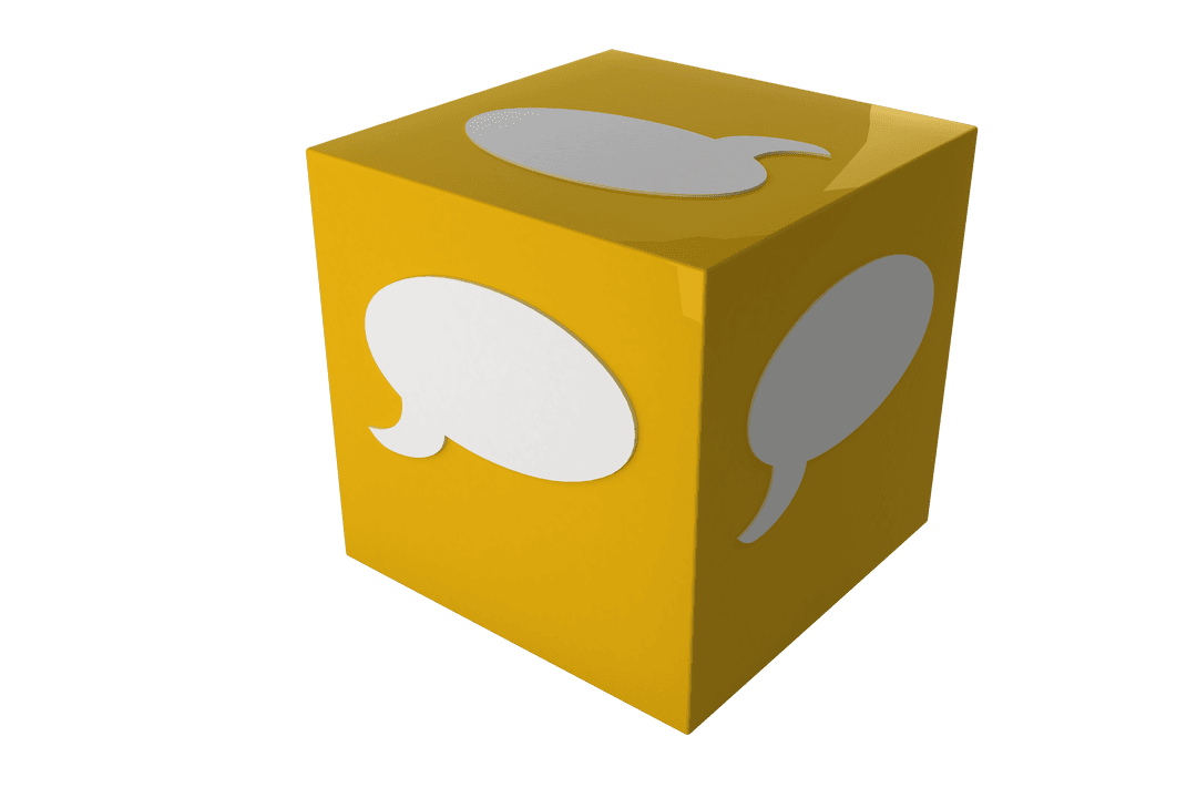 Yellow Cube with Speech Bubbles on Transparent Surface