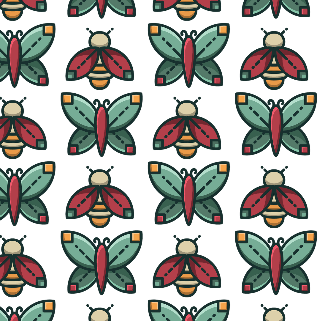 Colorful Butterfly and Beetle Pattern on Transparent Background