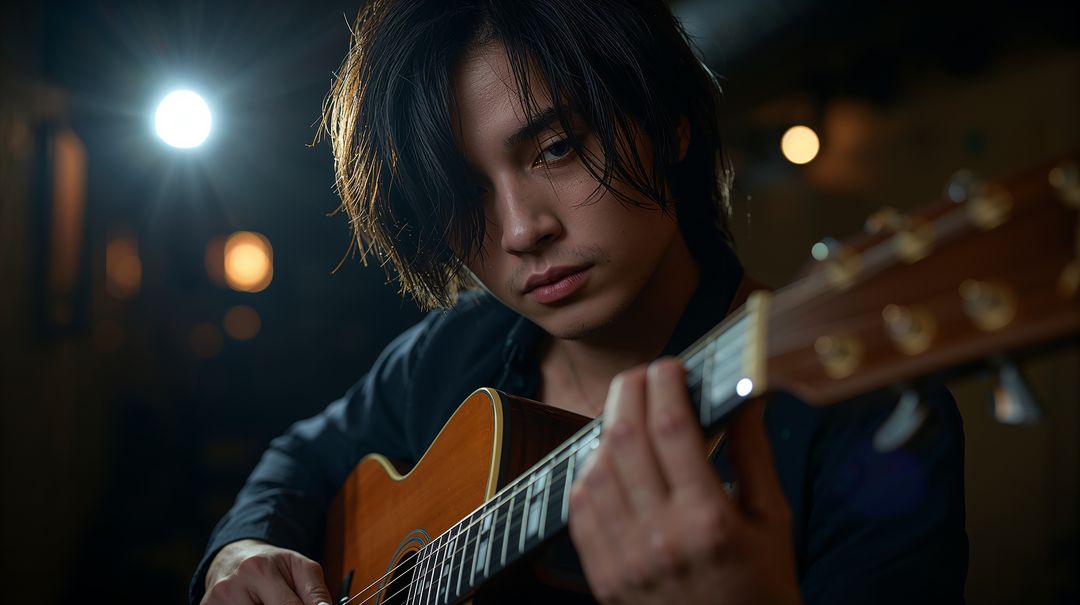 Intimate moody close-up of guitarist performing acoustic solo with dramatic backlight