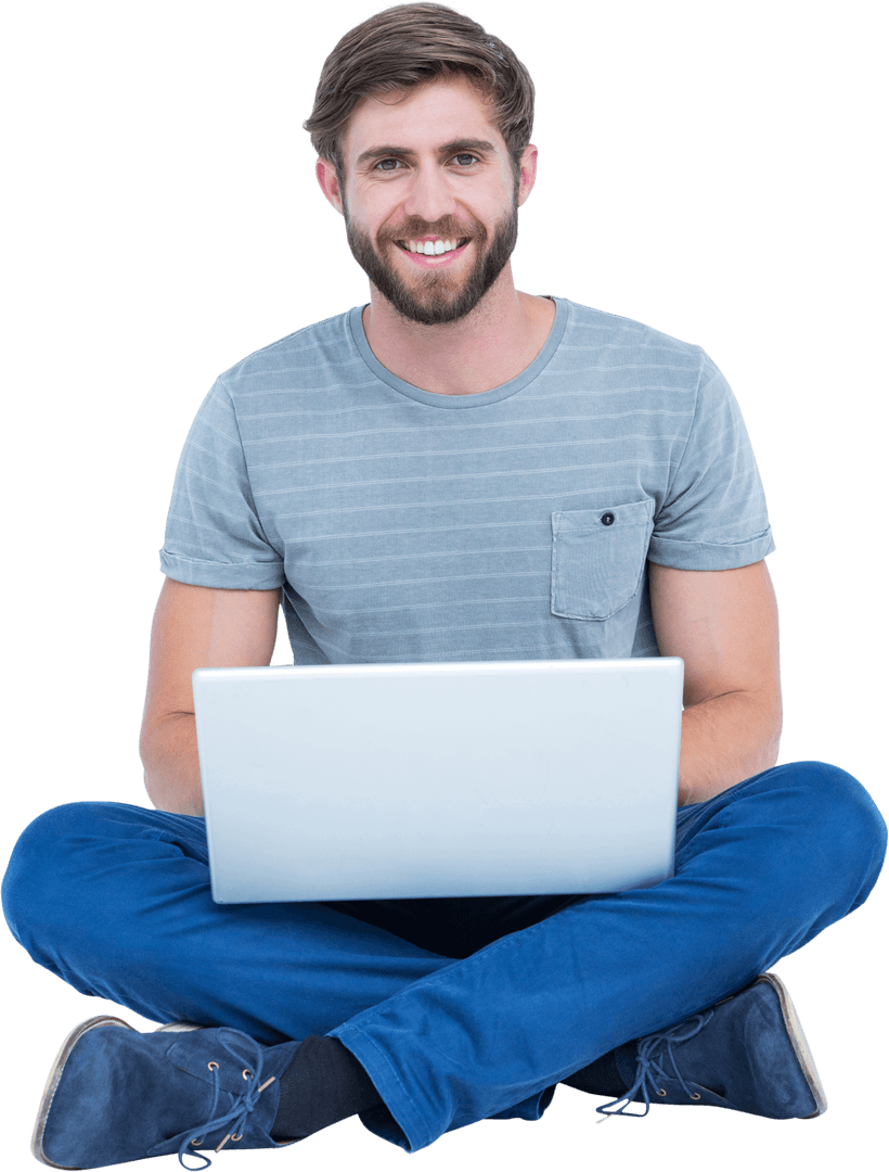 Transparent Young Smiling Man Sitting with Laptop