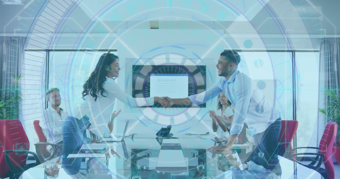 Diverse Professionals Shaking Hands with Digital Overlay
