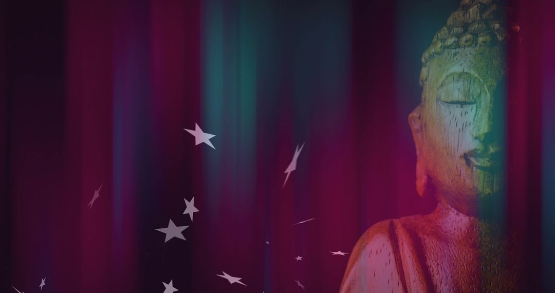 Buddha Statue with Ethereal Lighting and Starry Overlay for Spiritual Calm