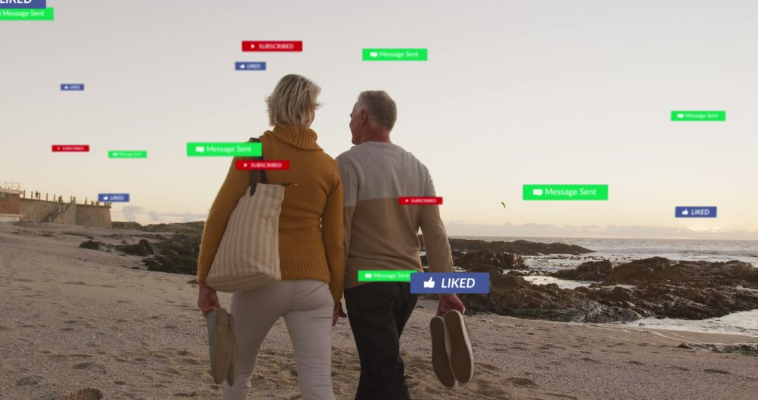 Couple Strolling Beach with Overlay of Social Media Icons