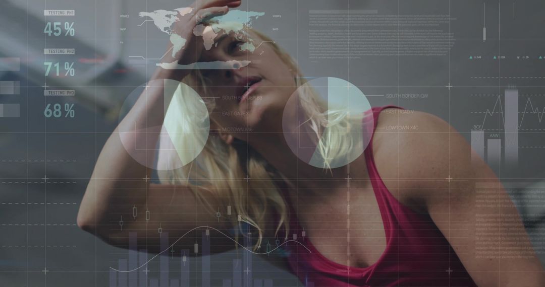 Tired Athlete in Gym with Digital Analytics Overlay