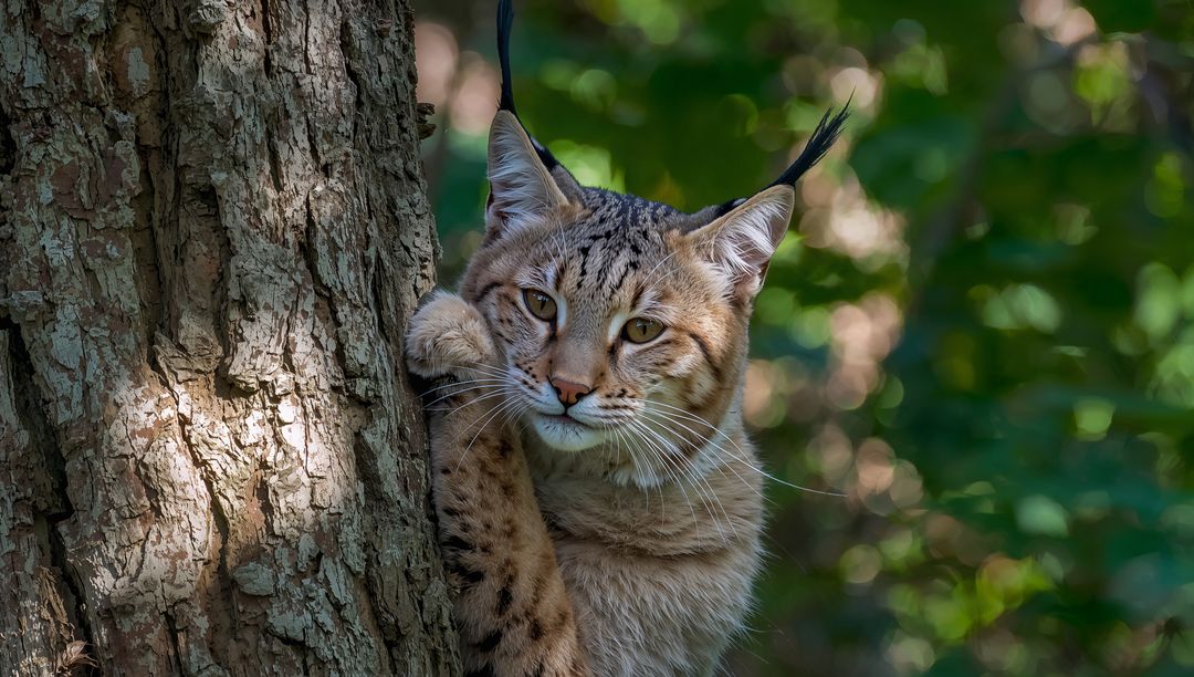 Eurasian lynx clinging to tree trunk with tufted ears and golden eyes in dappled light