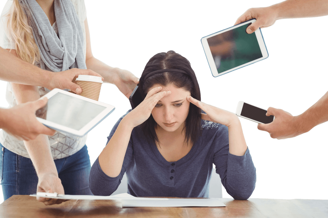 Overwhelmed Businesswoman Surrounded by Technology and Distractions