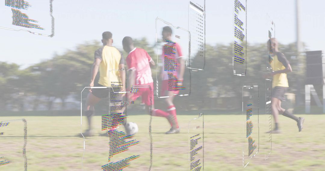 Virtual sports analytics overlay with soccer players on grass pitch blending code panels