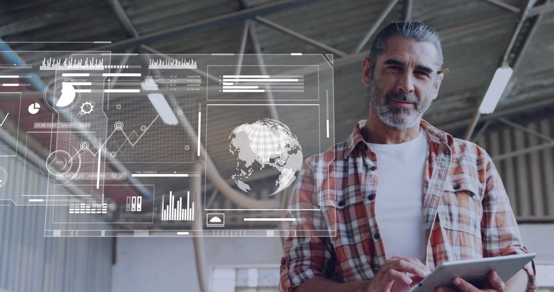 Technician Monitoring Data with Holographic Display in Industrial Workshop