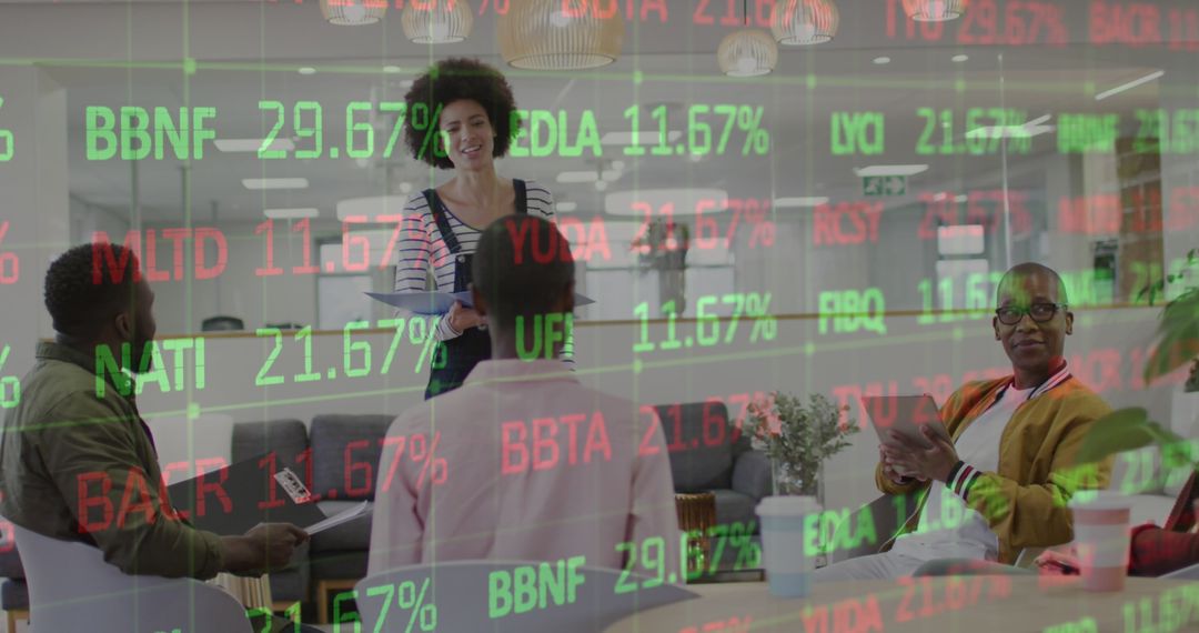 Business Team Strategizing with Financial Data Overlay in Modern Office