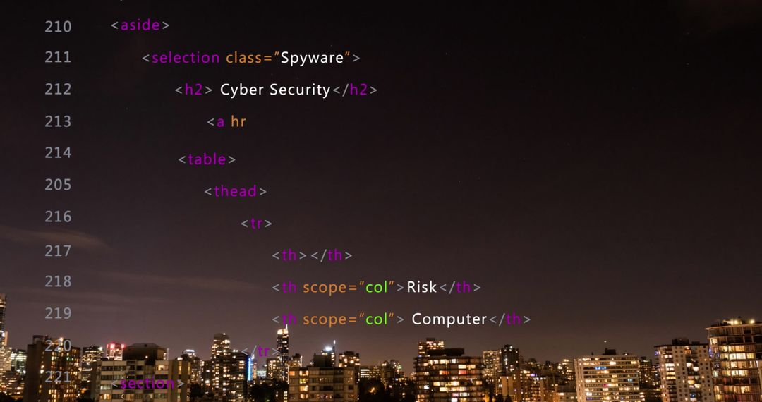 Cybersecurity Theme with Code Over Urban Skyline