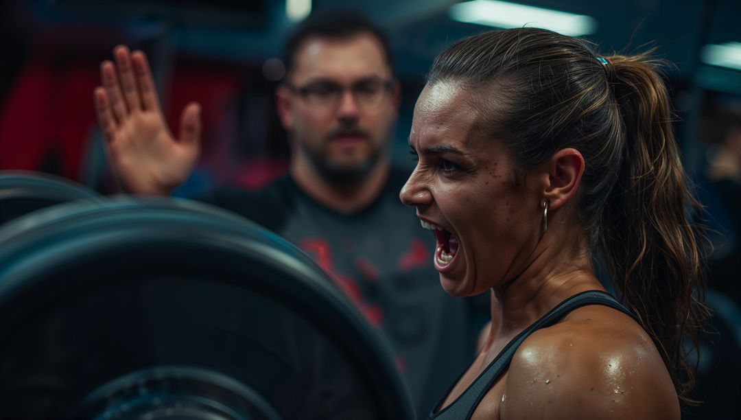 Intense Weightlifting Training with Supportive Coach in Gym Environment