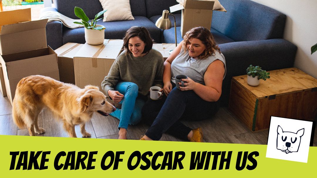 Friends Relaxing in New Home with Golden Retriever and Coffee