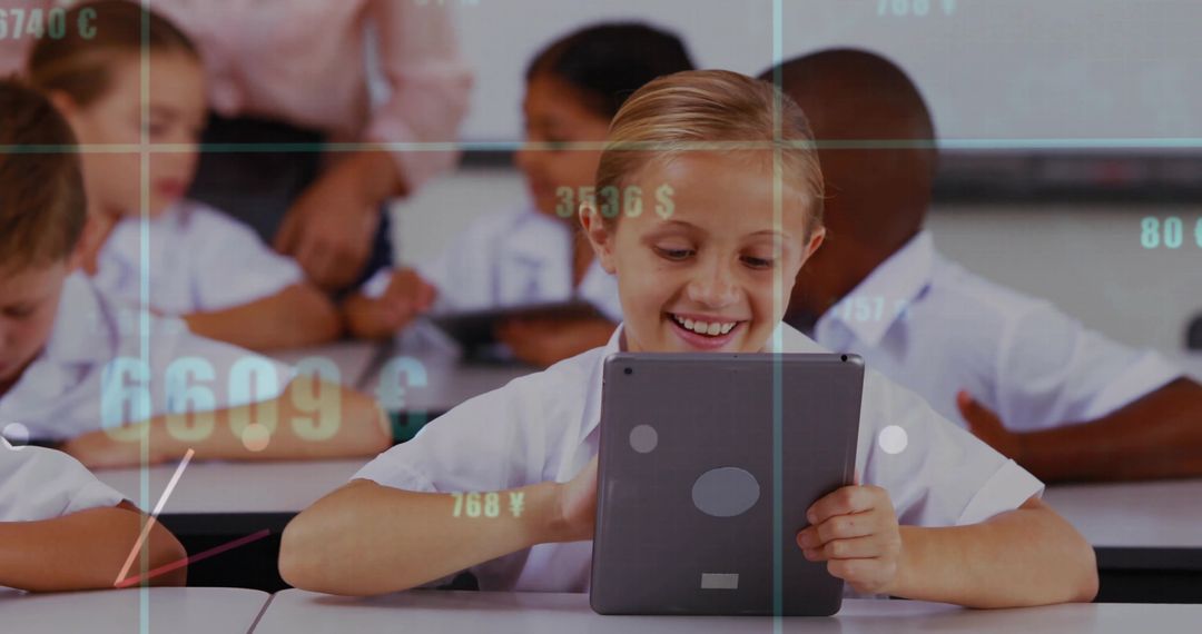 Smiling Student Using Tablet in Modern Classroom with Teacher Observing Digital Learning