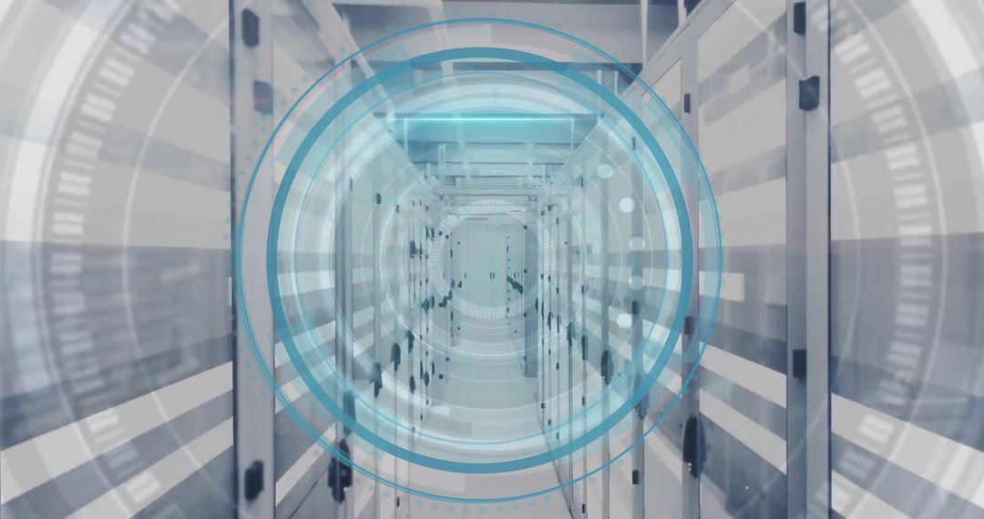 Futuristic Data Center with Digital Processing Overlay