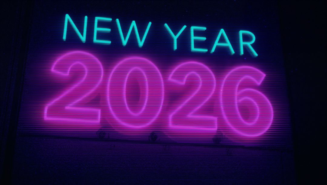 New Year 2026 Neon Sign Glowing in Retro Synthwave Style with Purple Pink Teal Lights