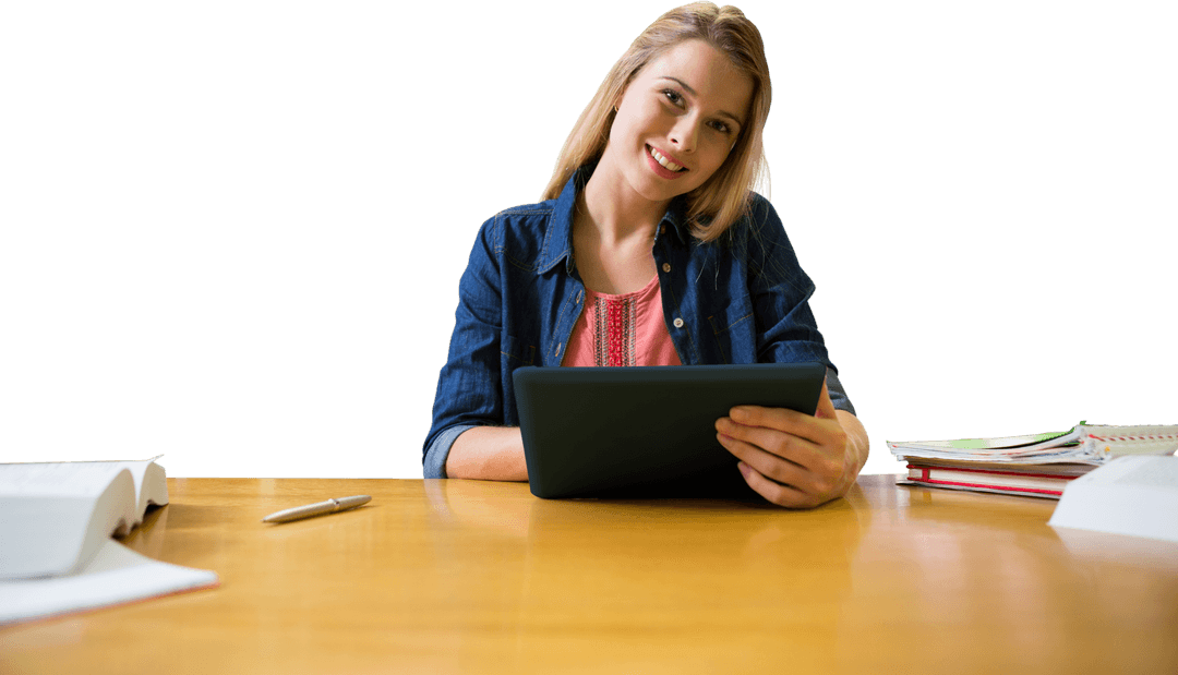 Transparent Student Studying with Tablet at Library Table
