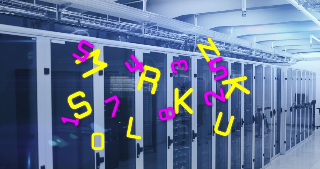 Futuristic Data Center with Neon Typography Overlay
