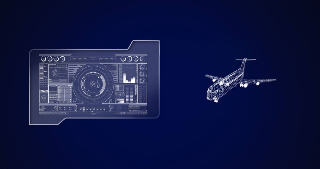 Digital Airplane Wireframe with Navigation Dashboard Interface
