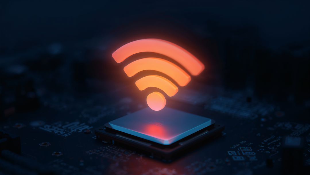 Glowing Wi-Fi Icon Above CPU on Circuit Board