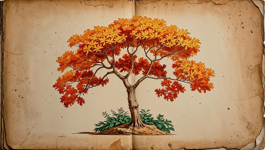 Vintage Artistry: Deciduous Tree Illustration on Aged Parchment