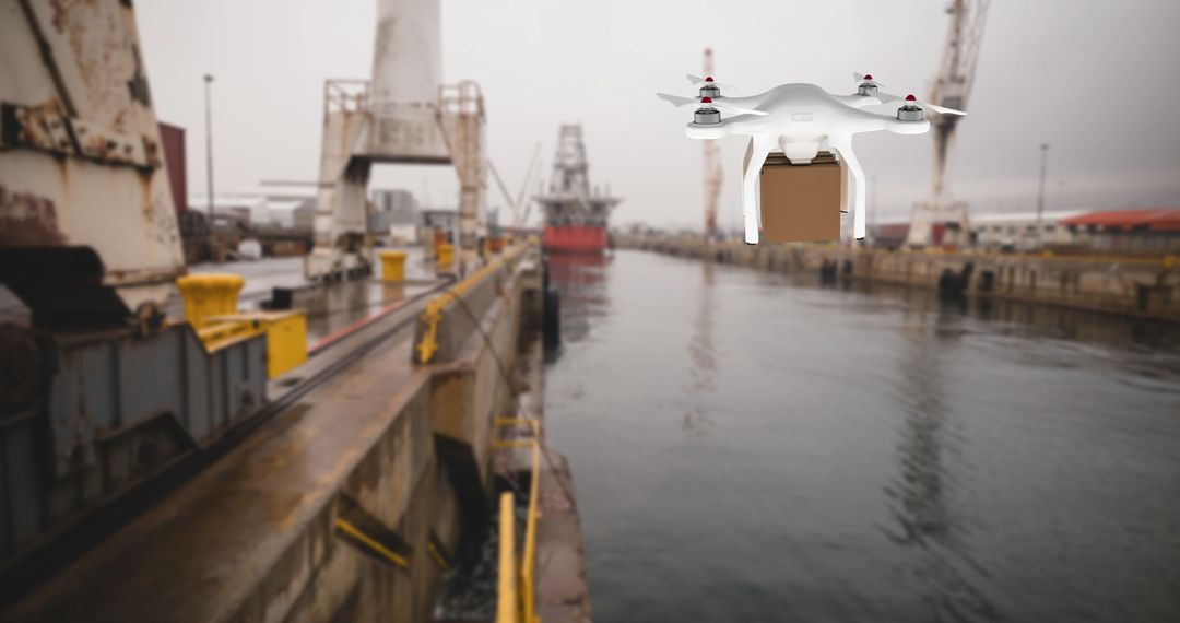 Drone Delivering Package Over Port Harbor