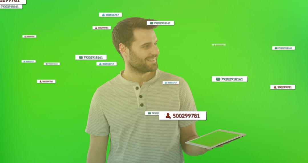 Man Interacting with Technology Interfaces in Green Background