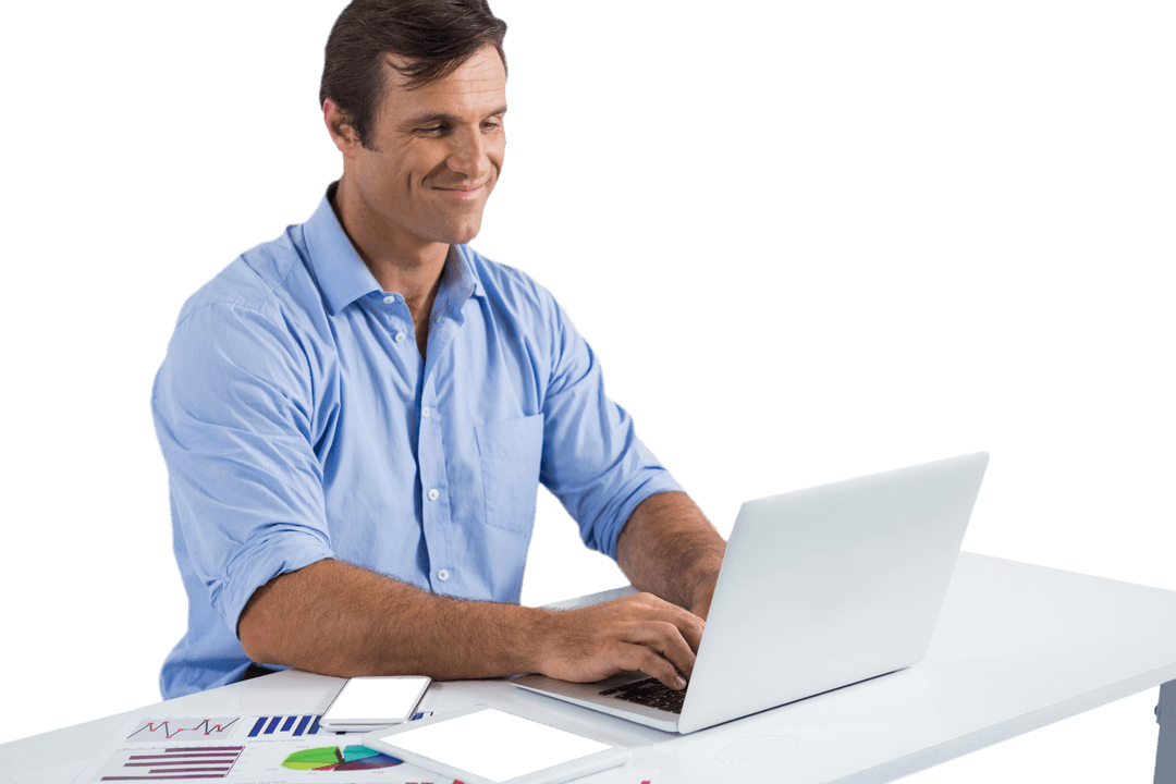 Smiling Male Executive Using Laptop Transparent Background