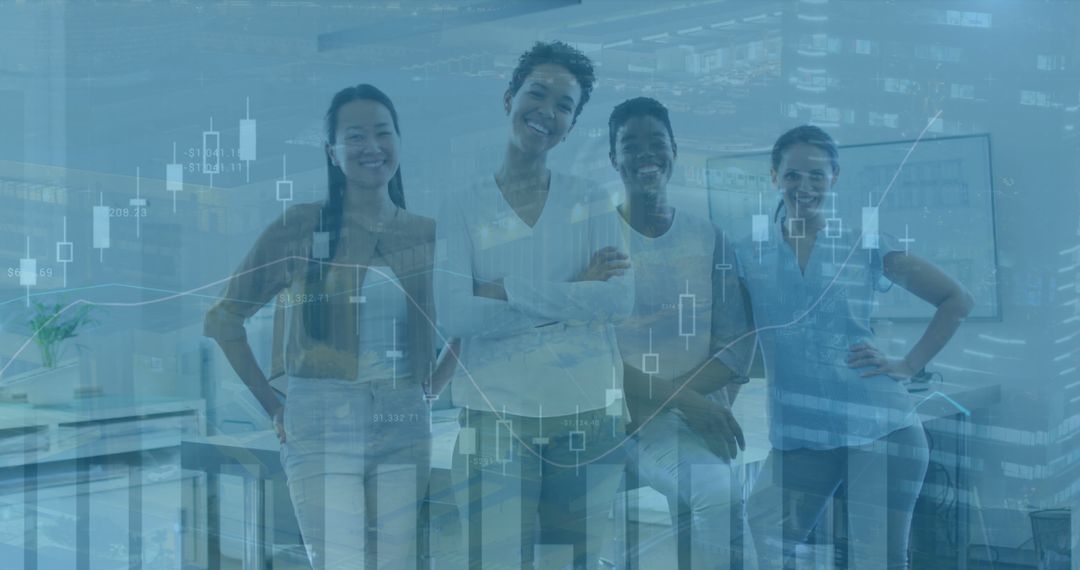 Diverse Business Team with Financial Data and Cityscape Overlay