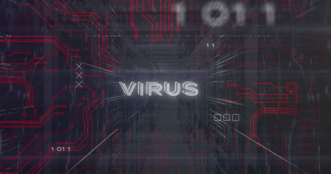 Digital Virus Warning Overlaid with Binary Code and Circuitry Design
