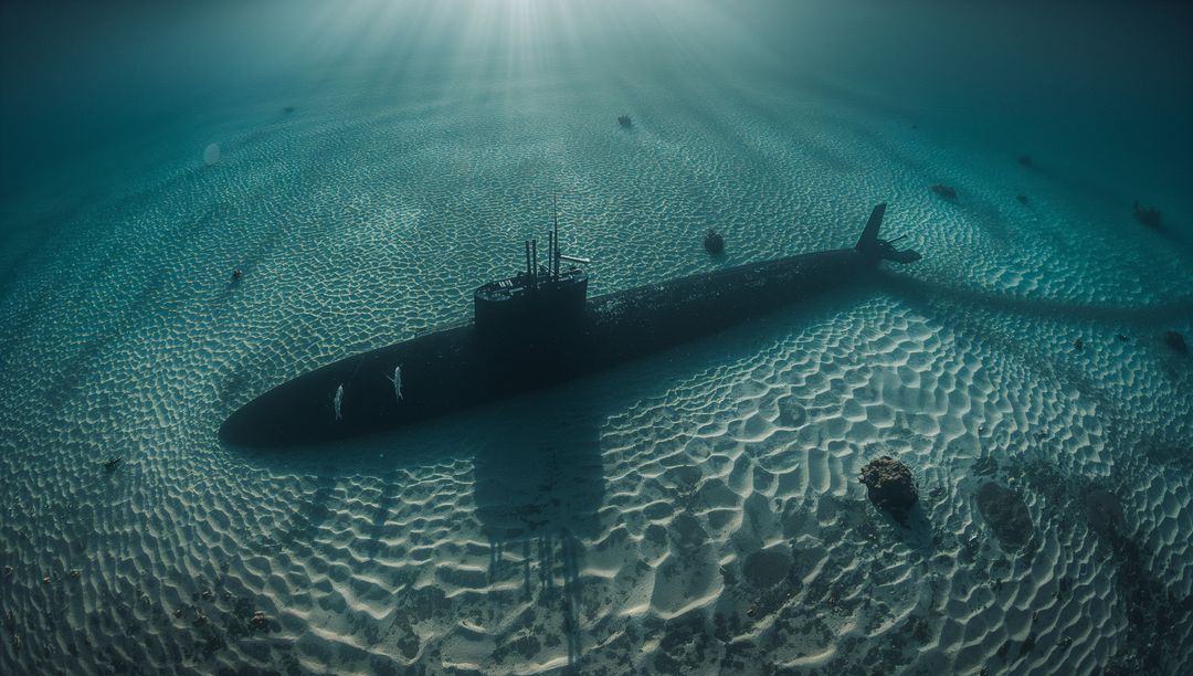Sunlit Submarine Resting on Rippled Seafloor with Scuba Divers Surveying Hull and Wreckage